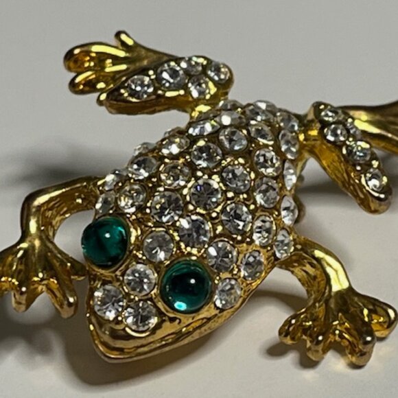 Clear Green Rhinestones Gold Tone Leaping Frog Brooch Pin 1.25" - Picture 6 of 14